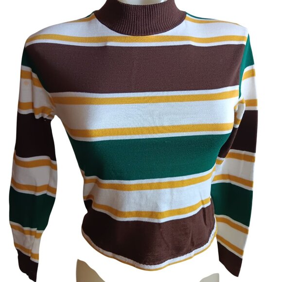 Women's XS Vintage T-shirt Single Stitch Striped Turtleneck Brown/Green/Yellow - Picture 1 of 8